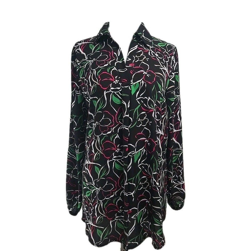 Anne Klein‎ Black Floral Chiffon Long Sleeve V-neck Tunic Top Blouse Small S